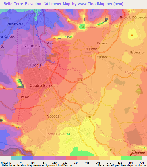 Belle Terre,Mauritius Elevation Map