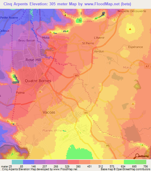 Cinq Arpents,Mauritius Elevation Map