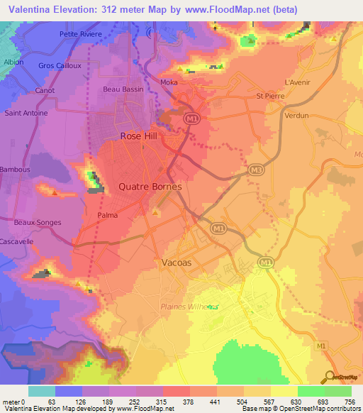 Valentina,Mauritius Elevation Map