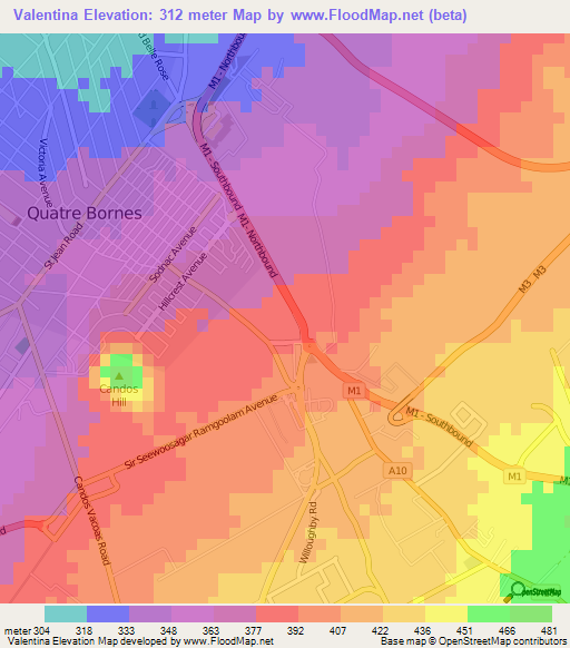 Valentina,Mauritius Elevation Map
