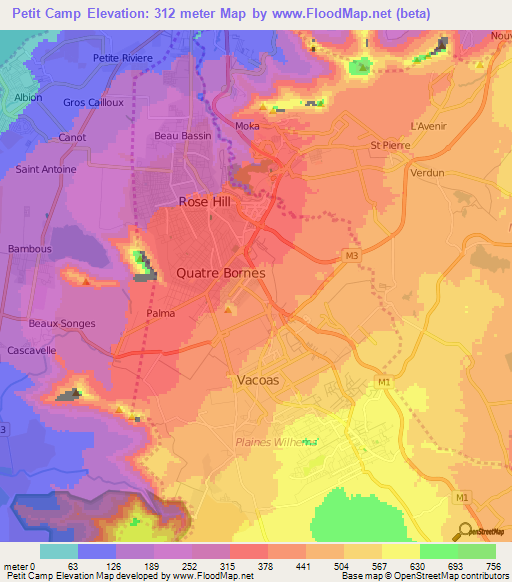 Petit Camp,Mauritius Elevation Map
