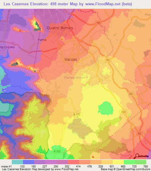 Les Casernes,Mauritius Elevation Map