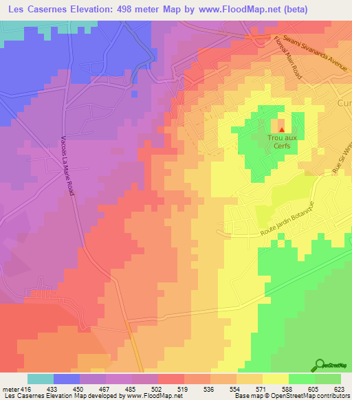 Les Casernes,Mauritius Elevation Map