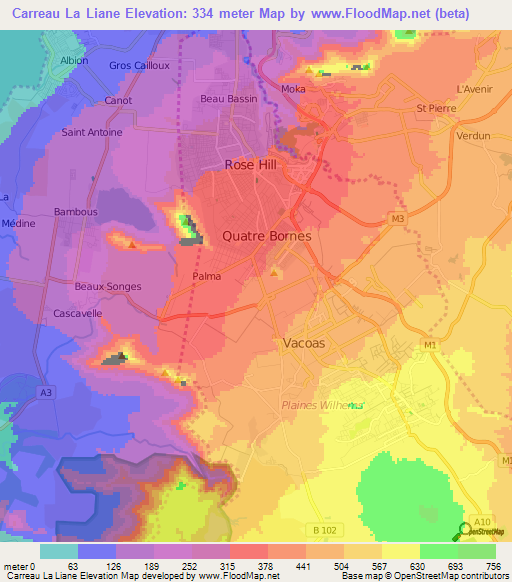 Carreau La Liane,Mauritius Elevation Map