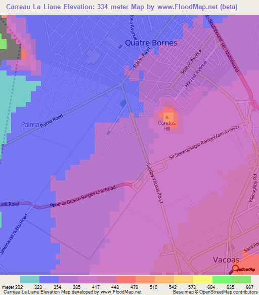 Carreau La Liane,Mauritius Elevation Map