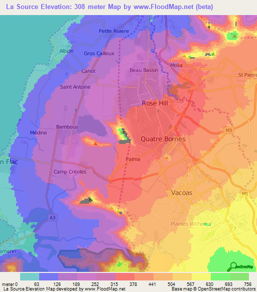 La Source,Mauritius Elevation Map