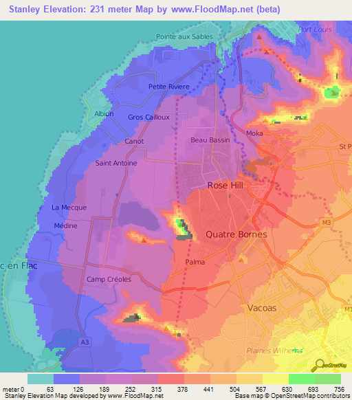 Stanley,Mauritius Elevation Map