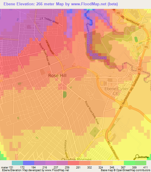 Ebene,Mauritius Elevation Map
