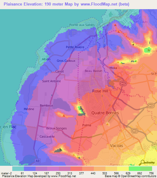 Plaisance,Mauritius Elevation Map