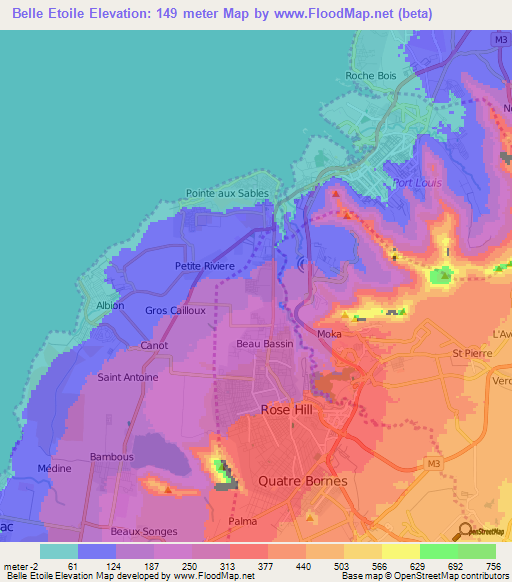 Belle Etoile,Mauritius Elevation Map