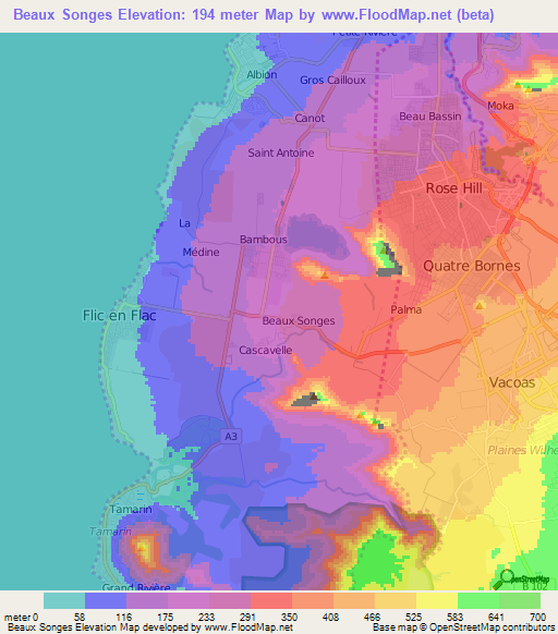 Beaux Songes,Mauritius Elevation Map