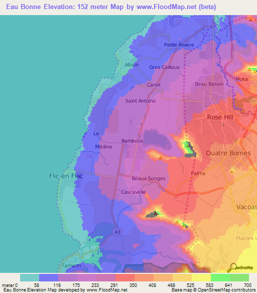 Eau Bonne,Mauritius Elevation Map