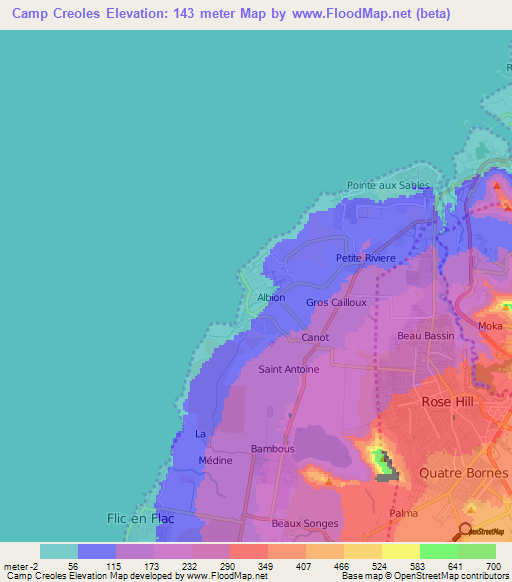 Camp Creoles,Mauritius Elevation Map