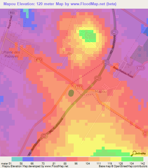 Mapou,Mauritius Elevation Map