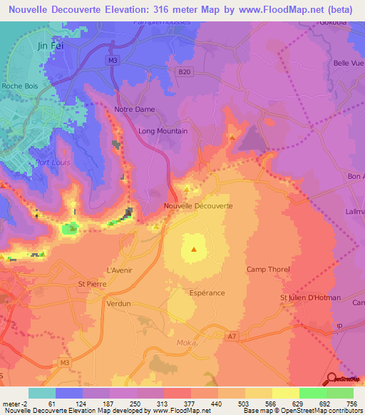Nouvelle Decouverte,Mauritius Elevation Map