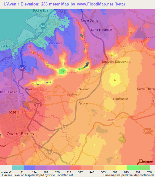 L'Avenir,Mauritius Elevation Map