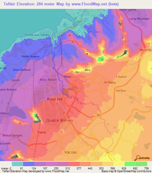 Telfair,Mauritius Elevation Map