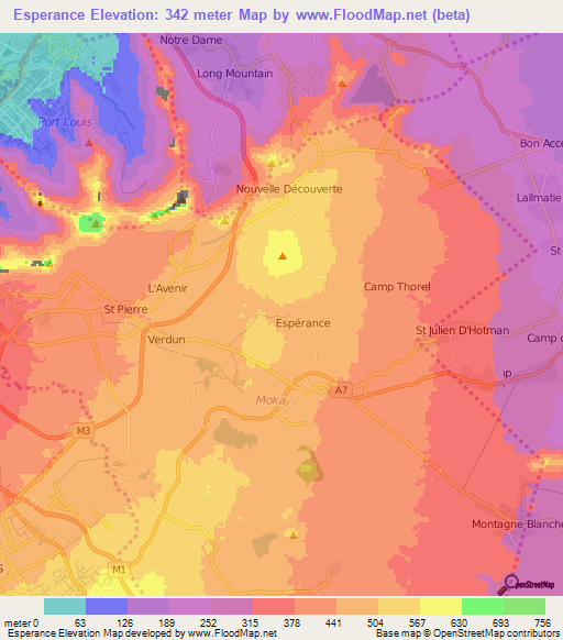 Esperance,Mauritius Elevation Map