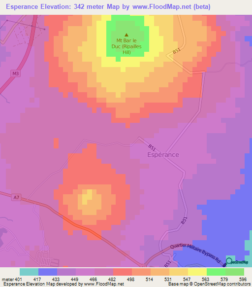 Esperance,Mauritius Elevation Map