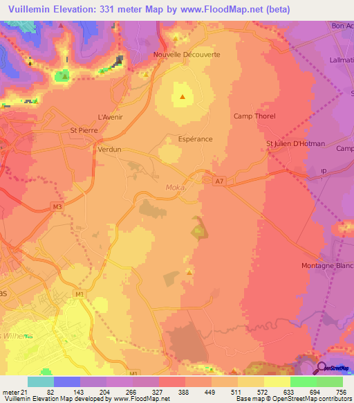 Vuillemin,Mauritius Elevation Map