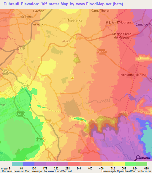 Dubreuil,Mauritius Elevation Map