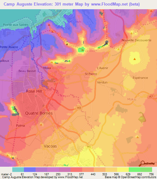 Camp Auguste,Mauritius Elevation Map