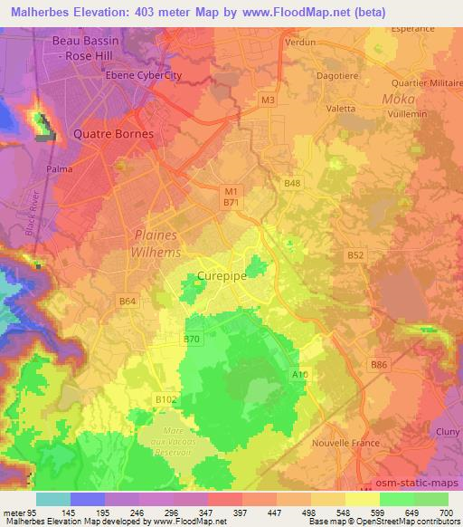 Malherbes,Mauritius Elevation Map