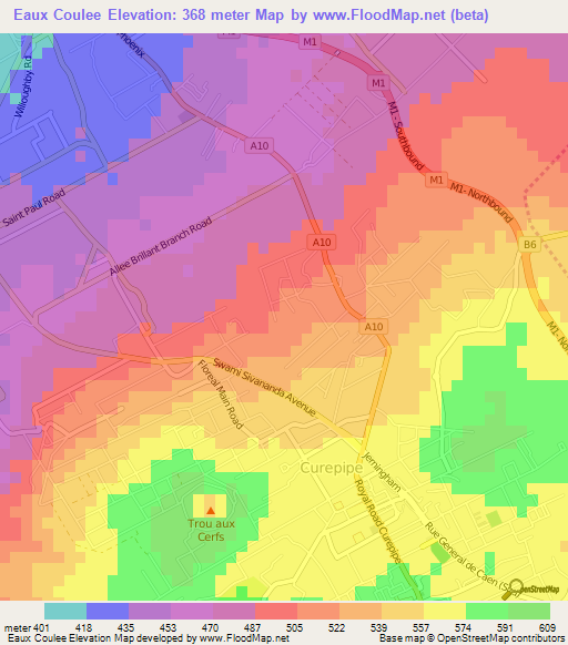 Eaux Coulee,Mauritius Elevation Map