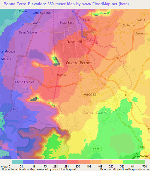Bonne Terre,Mauritius Elevation Map