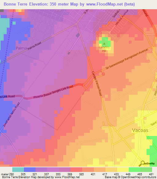 Bonne Terre,Mauritius Elevation Map