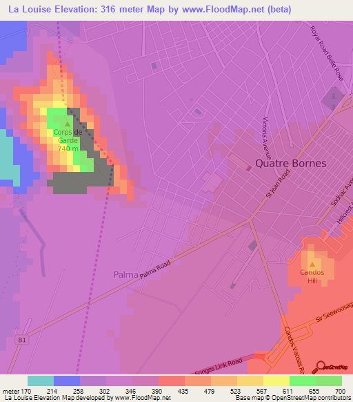 La Louise,Mauritius Elevation Map