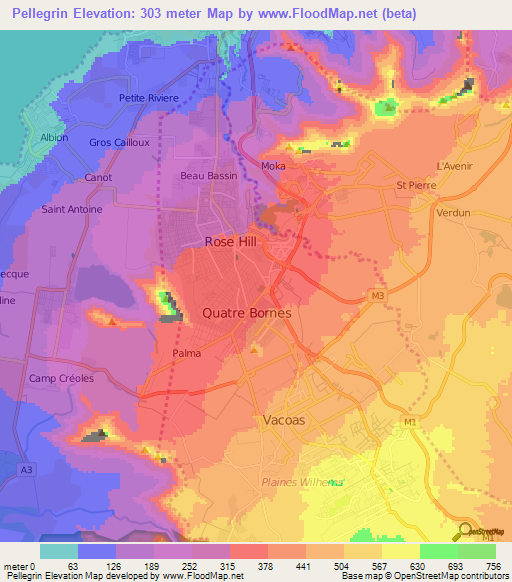 Pellegrin,Mauritius Elevation Map