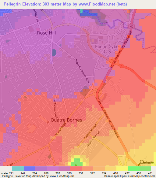 Pellegrin,Mauritius Elevation Map