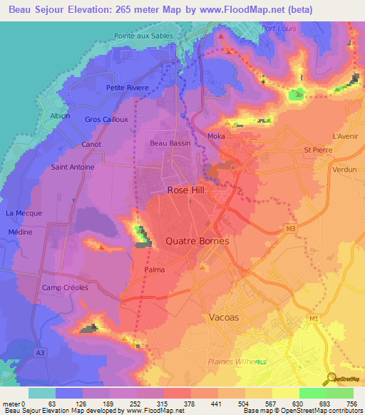Beau Sejour,Mauritius Elevation Map