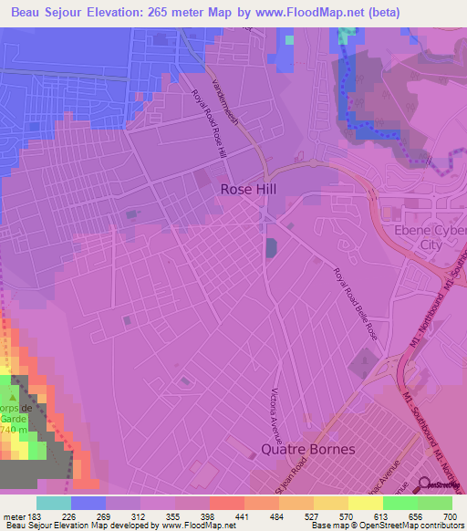 Beau Sejour,Mauritius Elevation Map