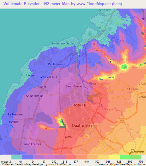 Vuillemain,Mauritius Elevation Map
