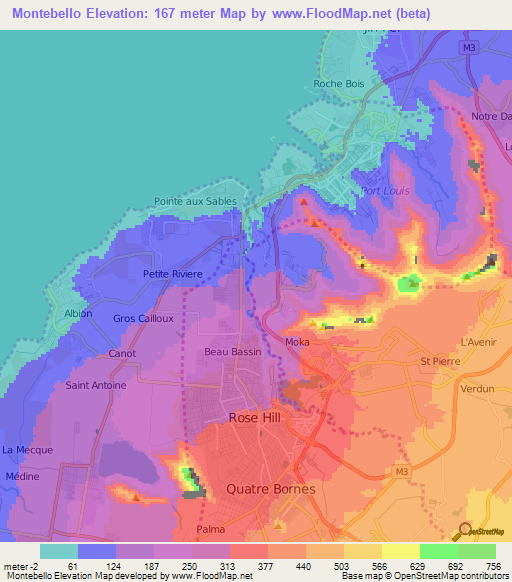 Montebello,Mauritius Elevation Map