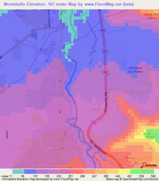 Montebello,Mauritius Elevation Map