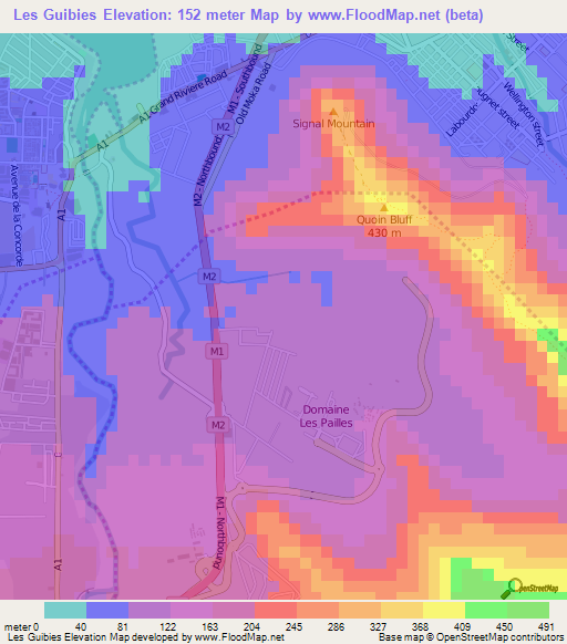 Les Guibies,Mauritius Elevation Map