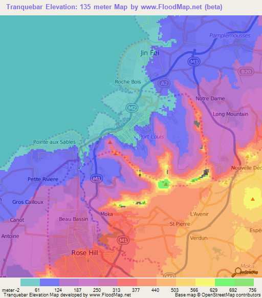 Tranquebar,Mauritius Elevation Map