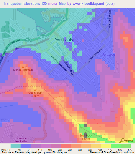 Tranquebar,Mauritius Elevation Map