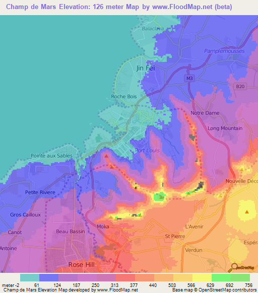 Champ de Mars,Mauritius Elevation Map