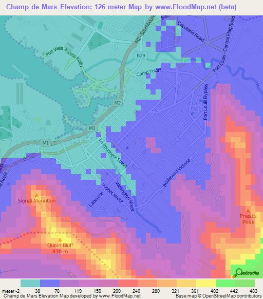 Champ de Mars,Mauritius Elevation Map