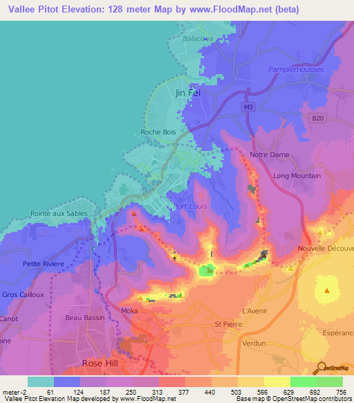 Vallee Pitot,Mauritius Elevation Map