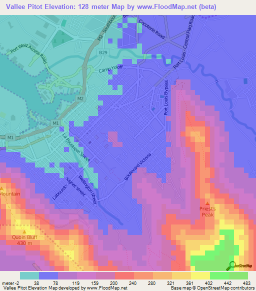 Vallee Pitot,Mauritius Elevation Map