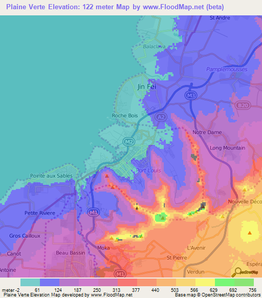 Plaine Verte,Mauritius Elevation Map