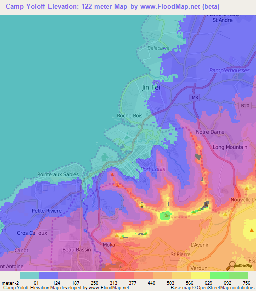 Camp Yoloff,Mauritius Elevation Map