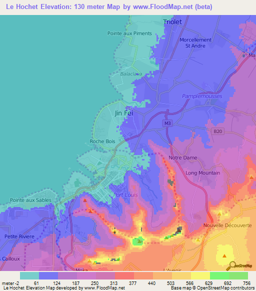 Le Hochet,Mauritius Elevation Map
