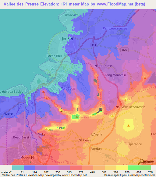 Vallee des Pretres,Mauritius Elevation Map
