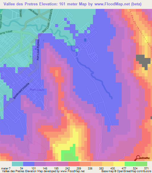 Vallee des Pretres,Mauritius Elevation Map